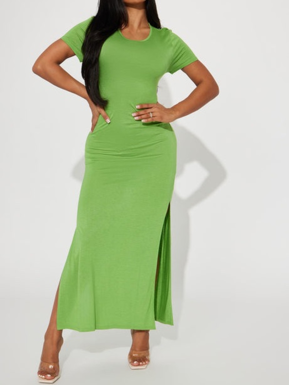 Fashion Nova Lime Green Maxi Dress Side Slit Short Sleeve Size Medium